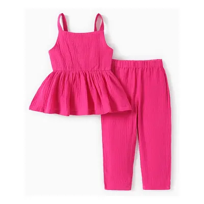 2pcs Toddler Girl 100% Cotton Solid Color Peplum Tank Top and Pants Set