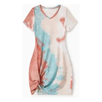 Family Matching Colorblock Tie Dye Twist Knot Bodycon Dresses and Short-sleeve T-shirts Sets