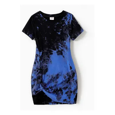 Family Matching 95% Cotton Short-sleeve Tie Dye Twist Knot Bodycon Dresses and T-shirts Sets