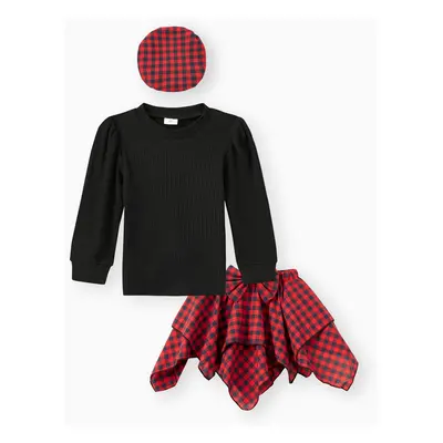 3pcs Toddler Girl Plaid Beret Cap & Black Sweatshirt and Irregular Skirt Set