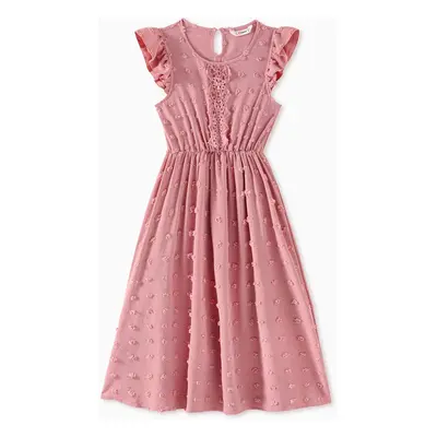 Family Matching Cotton Short-sleeve T-shirts and Pink Swiss Dot Lace Detail Flutter-sleeve Dress