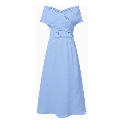 Family Matching Colorblock Polo Shirt and Shirred Cross Front Bodice Off-Shoulder Dress Sets