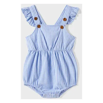 Family Matching Blue Stripe Panel Polo Shirt and Tie Neck Shirred Waist Stripe Strap Dress Sets