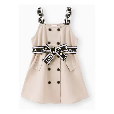 Toddler Girl Double Breasted Belted Letter Design Strap Dress