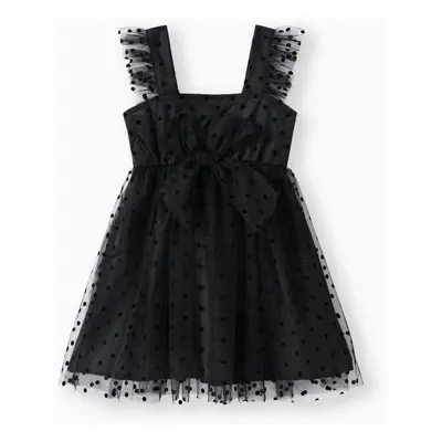 Toddler Girl Polka dots Square Neck Bowknot Mesh Design Cami Dress