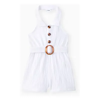 Baby Girl Front Buttons Belted Lapel Neck Strappy Ribbed Rompers