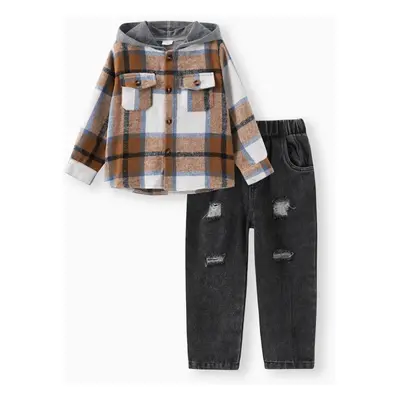 2pcs Toddler Boy Trendy Ripped Denim Jeans and Plaid Hooded Jacket Set