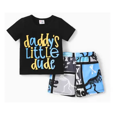 2pcs Baby Boy Cotton Short-sleeve Letter Graphic Tee and Dinosaur Print Shorts Set