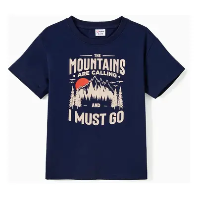 Quick-Dry Family Matching Mountain Graphic Slogan Print Oversize Tee or Flowy Strap Dress with P