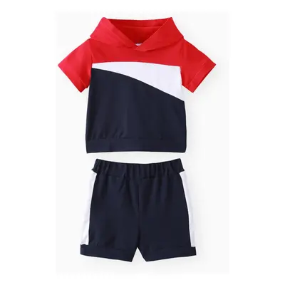 2pcs Baby Boy 95% Cotton Hooded Short-sleeve Colorblock Top & Shorts Set