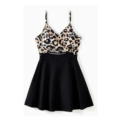 Family Matching Swimsuit Leopard Print Splicing Black Cross Front Tankini or Drawstring Swim Tru