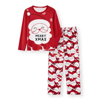 Christmas Family Matching Big Santa Graphic Front Allover Pattern Back Pajamas Sets with Pockets