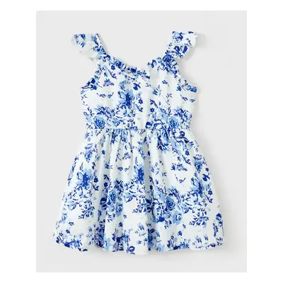 Mommy and Me Blue Floral Ruched Bust Tie Neck Flutter Trim Silky Satin Strap Dresses