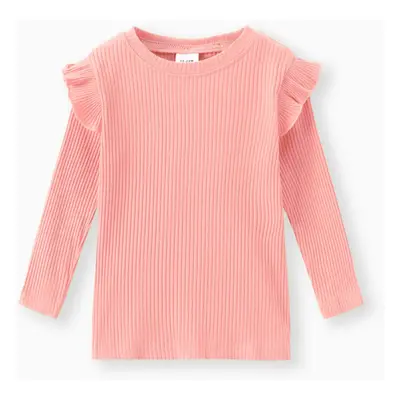 Toddler Girl Ruffled Casual Solid Ribbed Long-sleeve Top