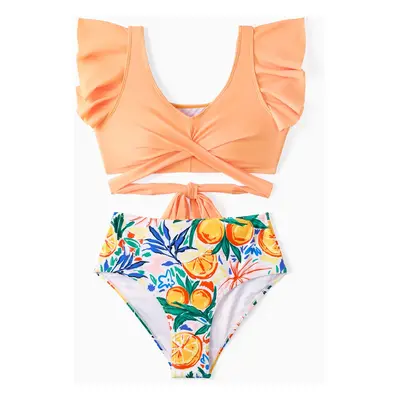 : Family Matching Orange Printed Drawstring Swim Trunks or Ruffle Sleeves Cross Bikini