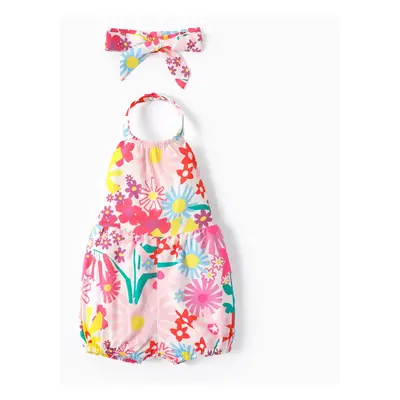 Baby Girl Sweet Floral Print Halter Jumpsuit with Headband