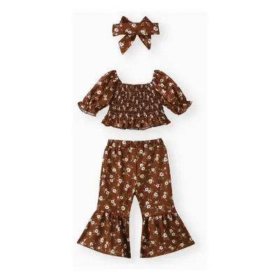 3pcs Baby Girl Allover Floral Print Puff-sleeve Shirred Crop Top and Flared Pants & Headband Set