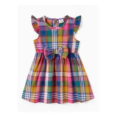 Family Matching Sets Preppy Style Solid Color Polo Shirt or Colorful Plaid Ruffle Hem Belted Str