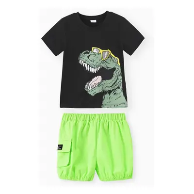 2pcs Toddler Boy Playful Dinosaur Print Tee & Cargo Shorts Set