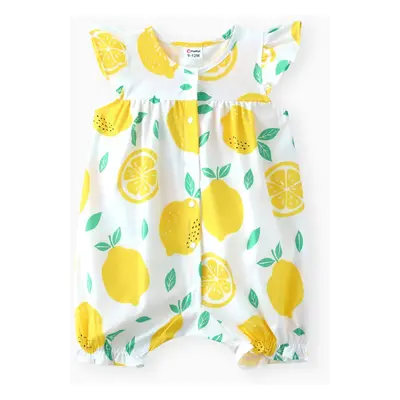 Baby Girl Allover Yellow Plaid/Lemon Print Flutter-sleeve Snap Romper