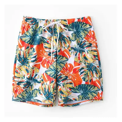 Family Matching Orange and All Over Tropical Plant Print Splicing Ruffle One-Piece Swimsuit and 