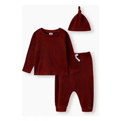 Baby Boy/Girl 3pcs Solid Ribbed Long-sleeve Pullover and Trouser Set