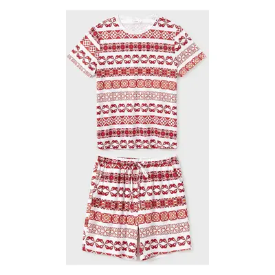 Family Matching Fair Isle Printed Short-Sleeve Top and Pocketed Shorts Pajamas Sets