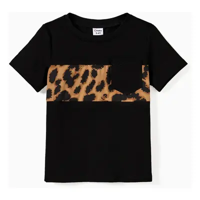 Family Matching Black Tee and Leopard Print High Neck Halter Tie Back Dress Sets