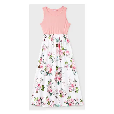 Family Matching Pink Sleeveless Splicing Floral Print Midi Dresses and Colorblock Short-sleeve P