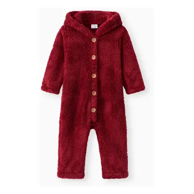 Baby Girl Solid Thickened Fuzzy Fleece Long-sleeve Hooded Jumpsuit