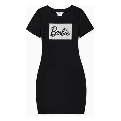 Barbie Mommy and Me Black Cotton Short-sleeve Letter Print Bodycon T-shirt Dresses