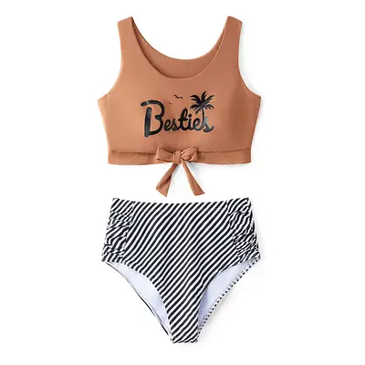 Family Matching Vertical Stripe Drawstring Swim Drunks or Besties Printed Crop Tank Bikini