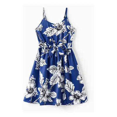 Family Matching Sets Floral Panel Color Block Tee or Blue Tropical Floral Satin Swing Collar Sli