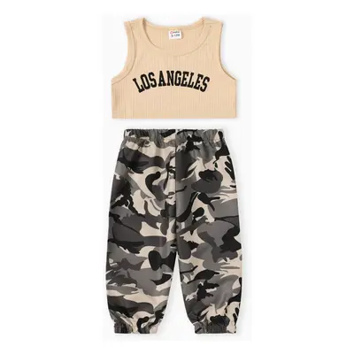 Girl's 2pcs Camouflage Sport Set Polyester Spandex Sleeveless