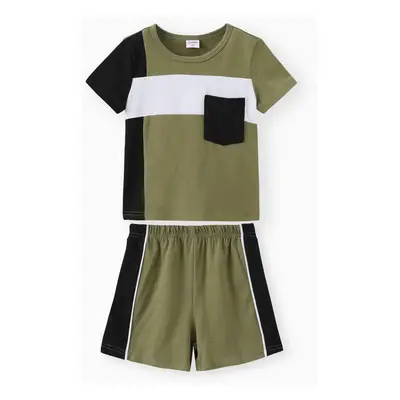 2pcs Toddler Boy Casual Colorblock Pocket Design Tee & Shorts Set