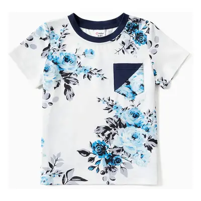 Family Matching 95% Cotton Dark Blue Short-sleeve T-shirts and Floral Print Spliced Dresses Sets