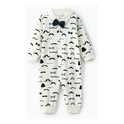 100% Cotton Moustache Pattern Bow Tie Decor Long-sleeve Baby Jumpsuit