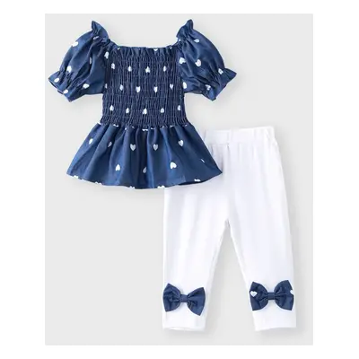 2pcs Baby Girl 95% Cotton Bowknot Decor Pants and Allover Love Heart Print Puff-sleeve Shirred I