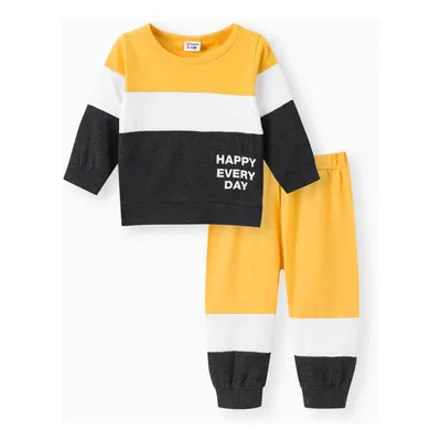 2pcs Baby Boy 95% Cotton Long-sleeve Letter Print Colorblock Sweatshirt and Pants Set