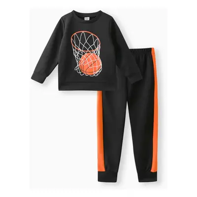 2-piece Kid Boy Ball Print Pullover Sweatshirt and Colorblock Pants Set