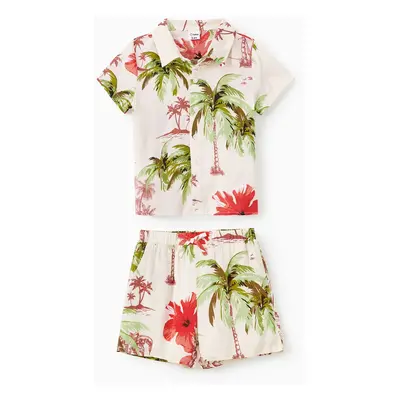 Family Matching Sets Tropical Floral Printed Button Up Beach Shirt and Shorts with Drawstring an