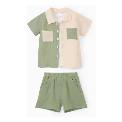 Toddler Boy 3pcs Textured Lapel Shirt and Solid Tee and Shorts Set