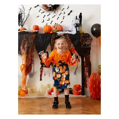 2pcs Toddler Girl Halloween Letter Pumpkin Print Sleeveless Dress and Ruffled Cardigan Set