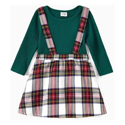 Family Matching Green Long Sleeves Ribbed Top Red Plaid Skirt Co-ord Set