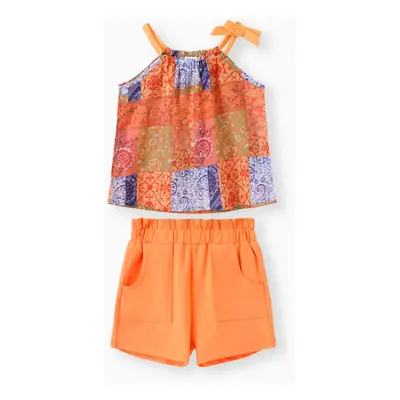 2pcs Toddler Girl Boho Cami Top and Solid Elasticized Shorts Set