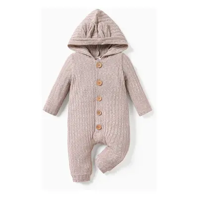 Baby Boy/Girl Heathered Ribbed Long-sleeve 3D Ears Hooded Button Down Jumpsuit