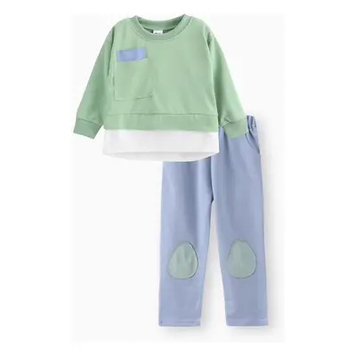 2-piece Toddler Girl/Boy Letter Print Faux-two Pullover and Patchwork Pants Set