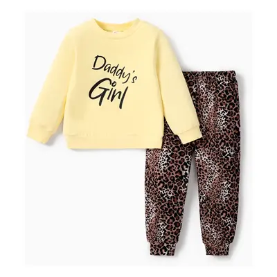 2-piece Baby / Toddler Girl Letter Solid Long-sleeve Top and Leopard Print Pants Set