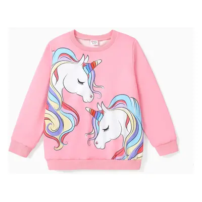 Kid Girl Unicorn Print Fleece Lined Pink Pullover Sweatshirt