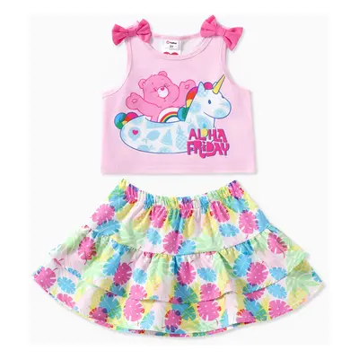 Care Bears Toddler Girls 2pcs Bowknot Unicorn Print Tank Top with Summer Vibe Floral Print Ruffl